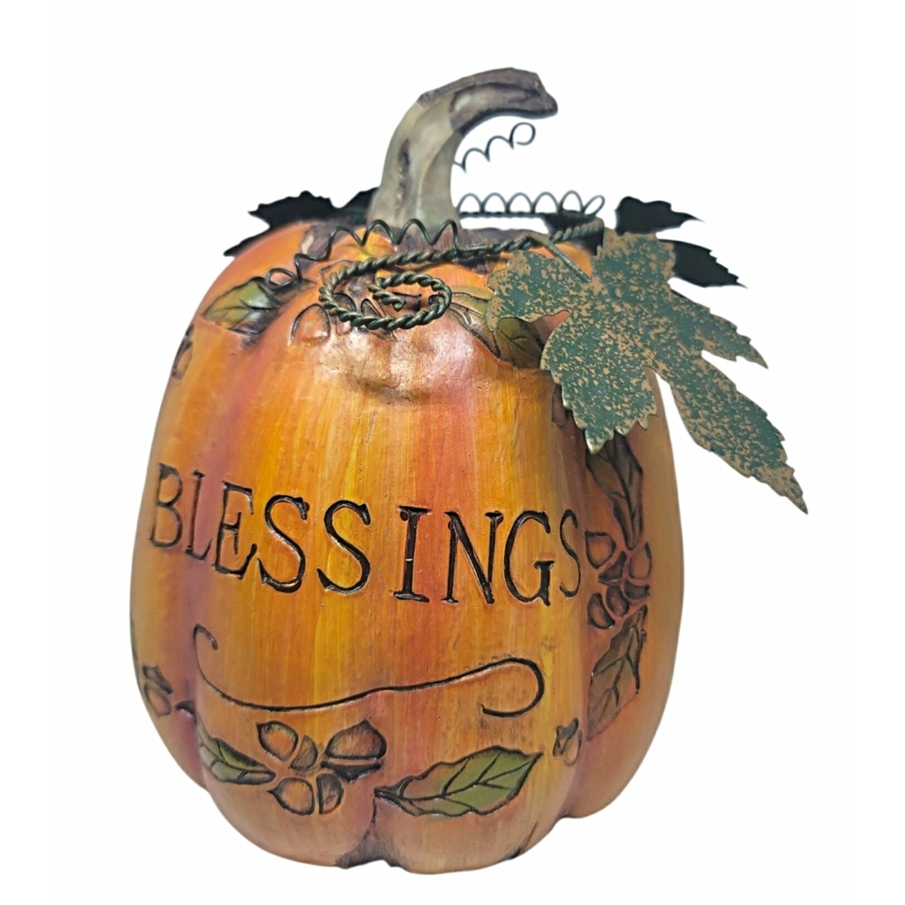 Realistic Pumpkin Decor with Blessings Text Metal Leaves & Tendrils